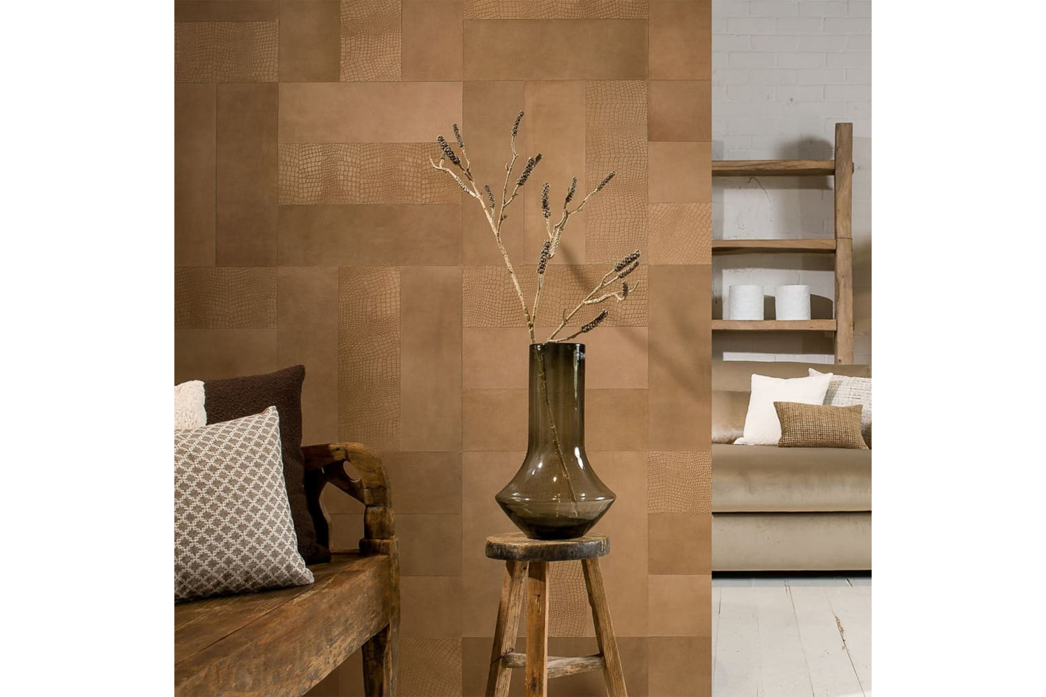 Wallart 440923 Leather Tiles Nathan Vintage Brown 16 Pcs