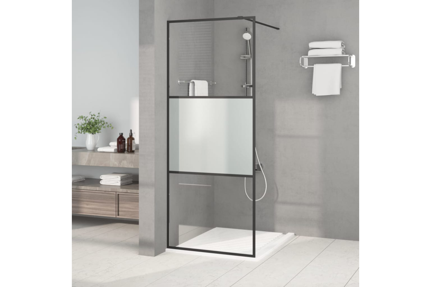 vidaXL 152105 Walk-in Shower Wall Black 80x195cm Half Frosted Esg Glass