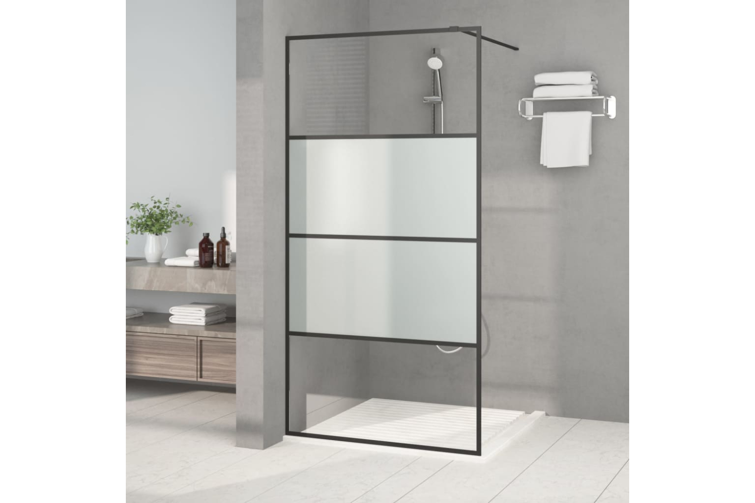 vidaXL 152127 Walk-in Shower Wall Black 100x195cm Half Frosted Esg Glass