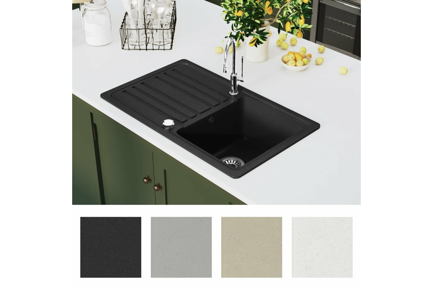 Vidaxl Granite Kitchen Sink Single Basin With Drainer Reversible Black