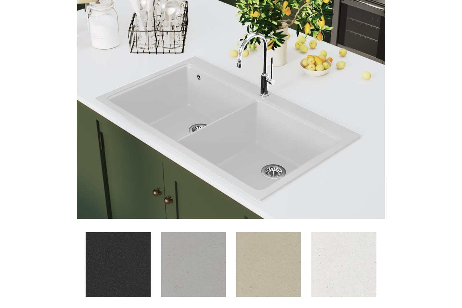 Vidaxl Overmount Kitchen Sink Double Basin Granite Cream White