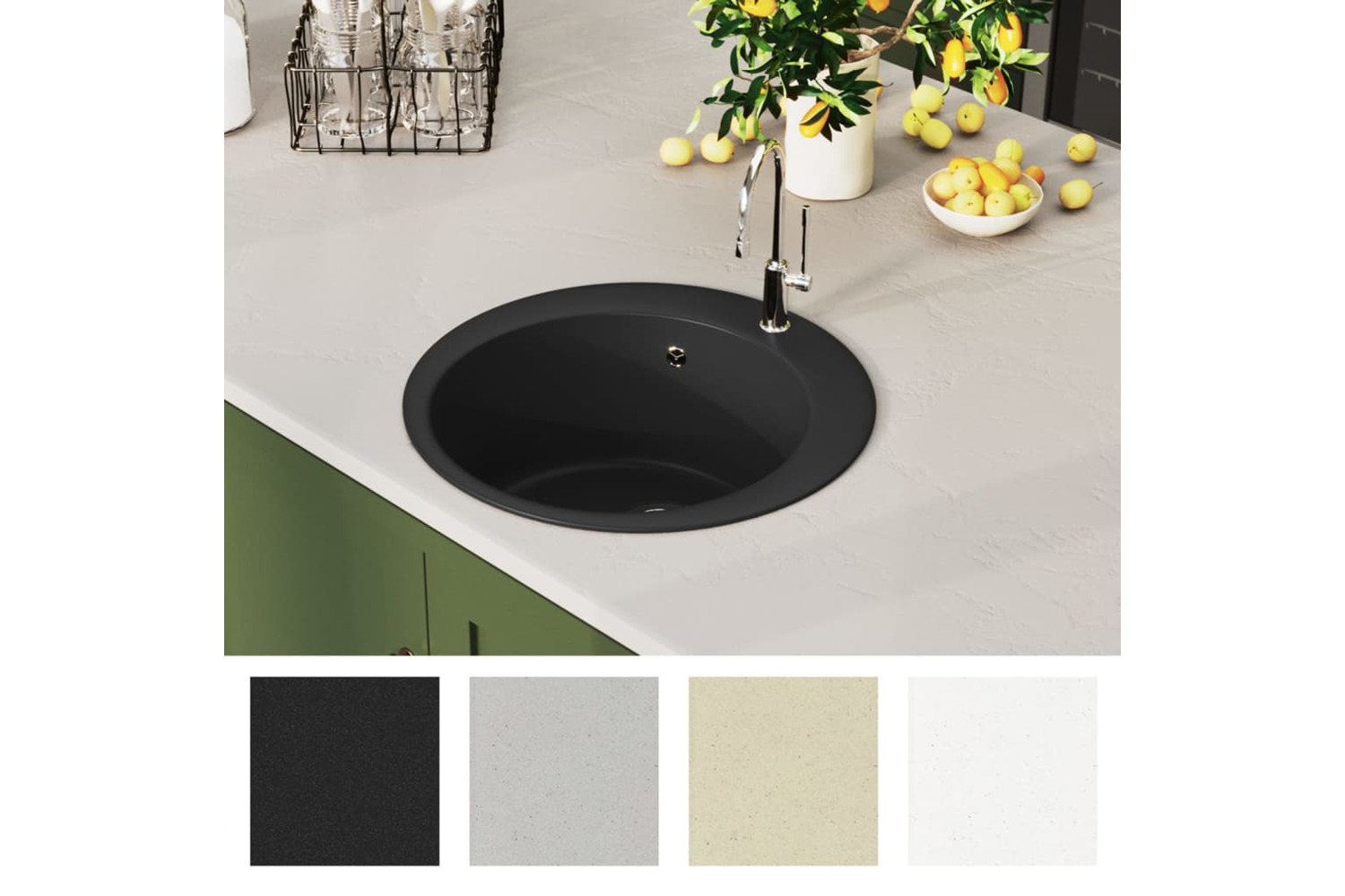 Vidaxl Granite Kitchen Sink Single Basin Round Black