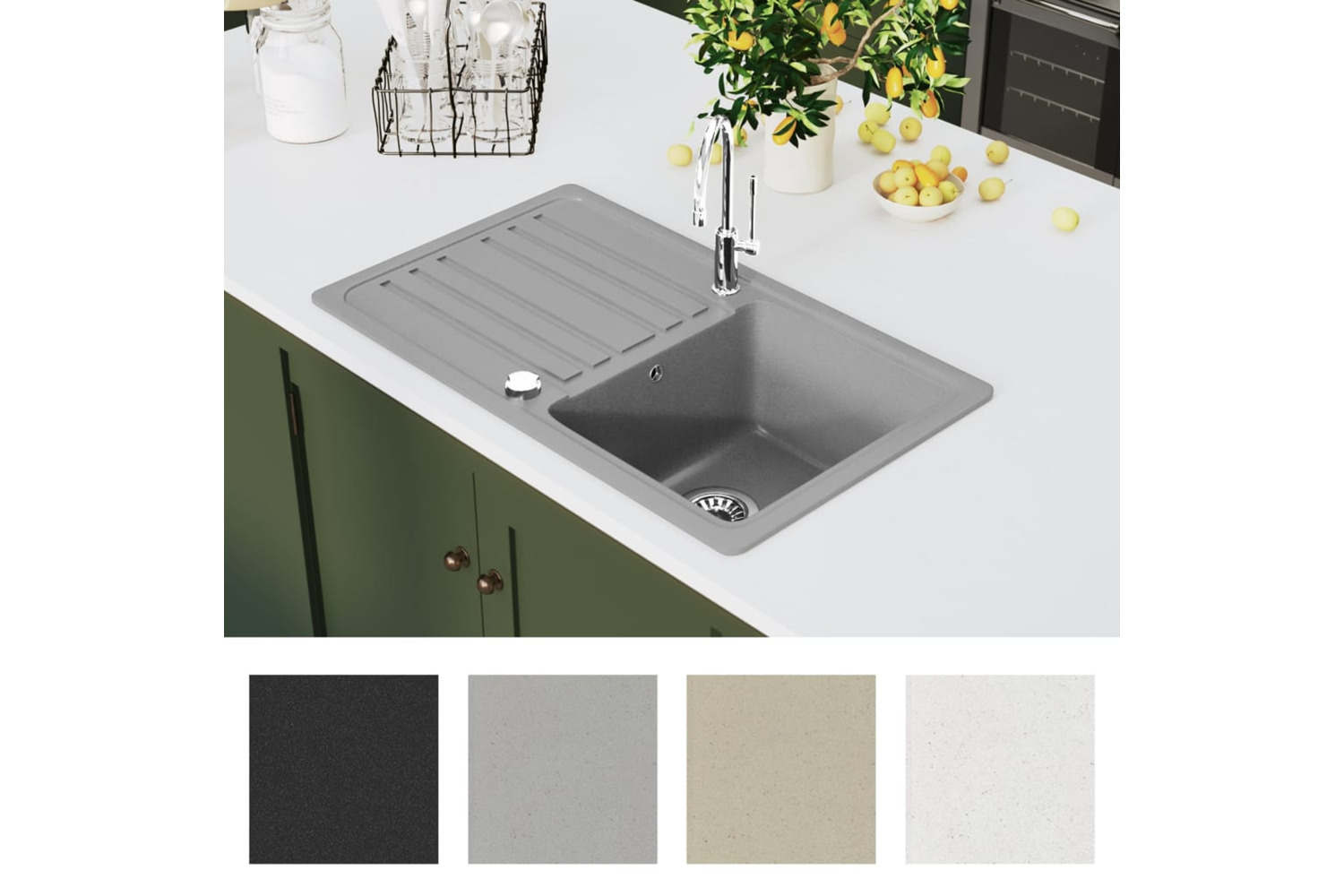 vidaXL 141670 Granite Kitchen Sink Single Basin With Drainer Reversible Grey
