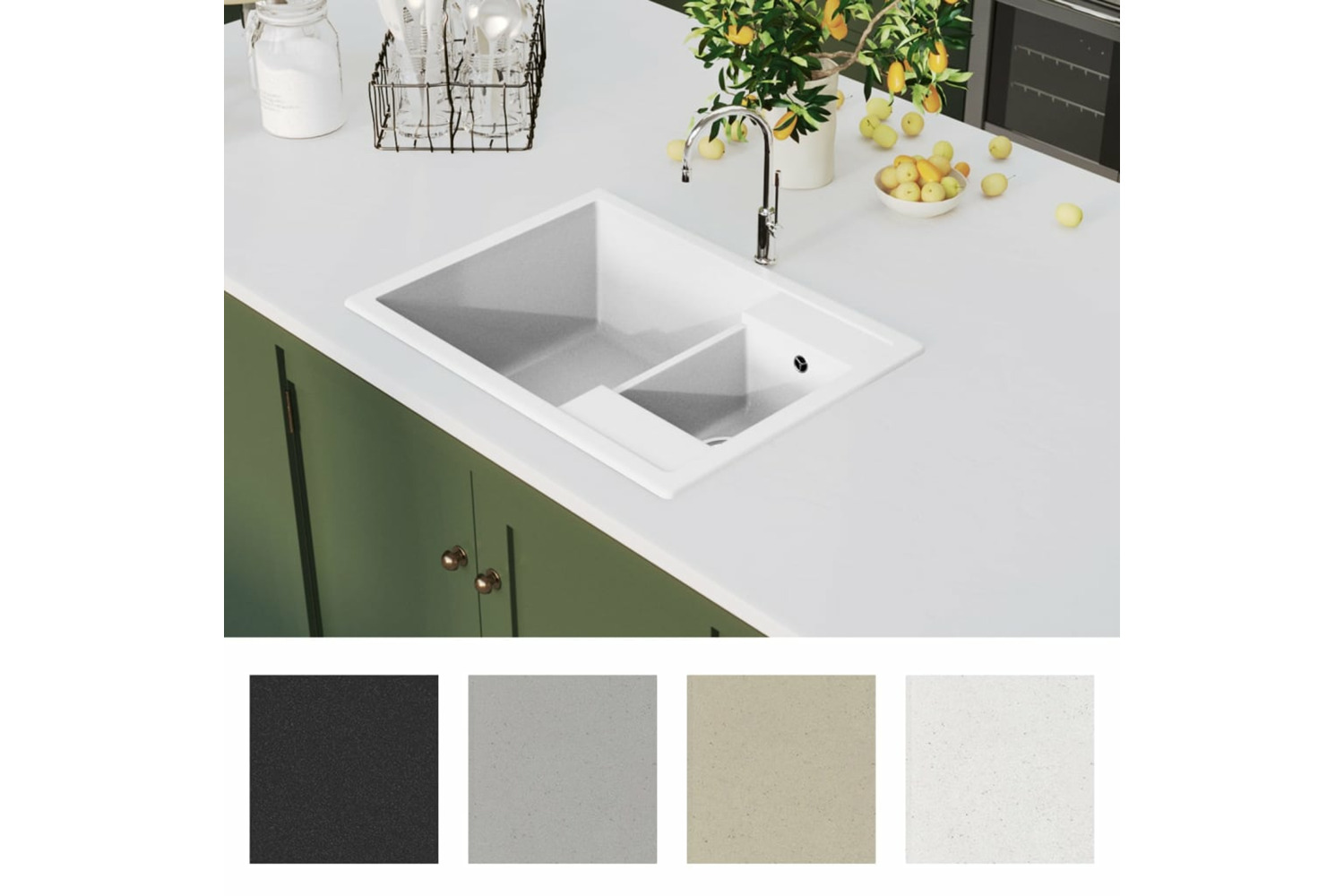 Vidaxl Kitchen Sink With Overflow Hole Double Basins White Granite