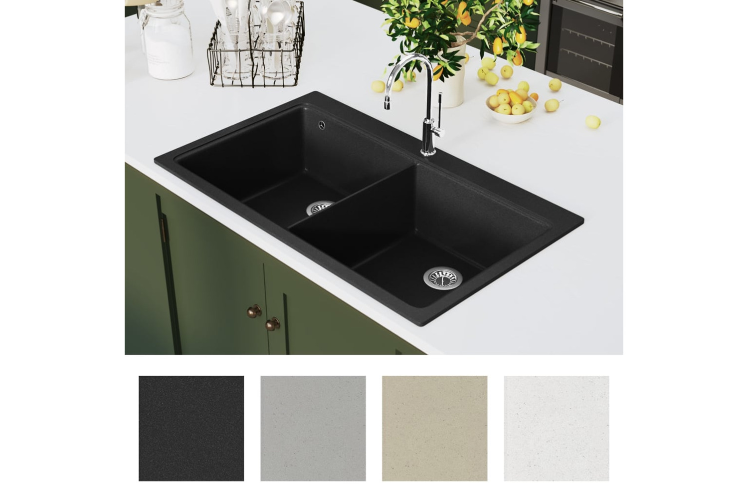 Vidaxl Overmount Kitchen Sink Double Basin Granite Black