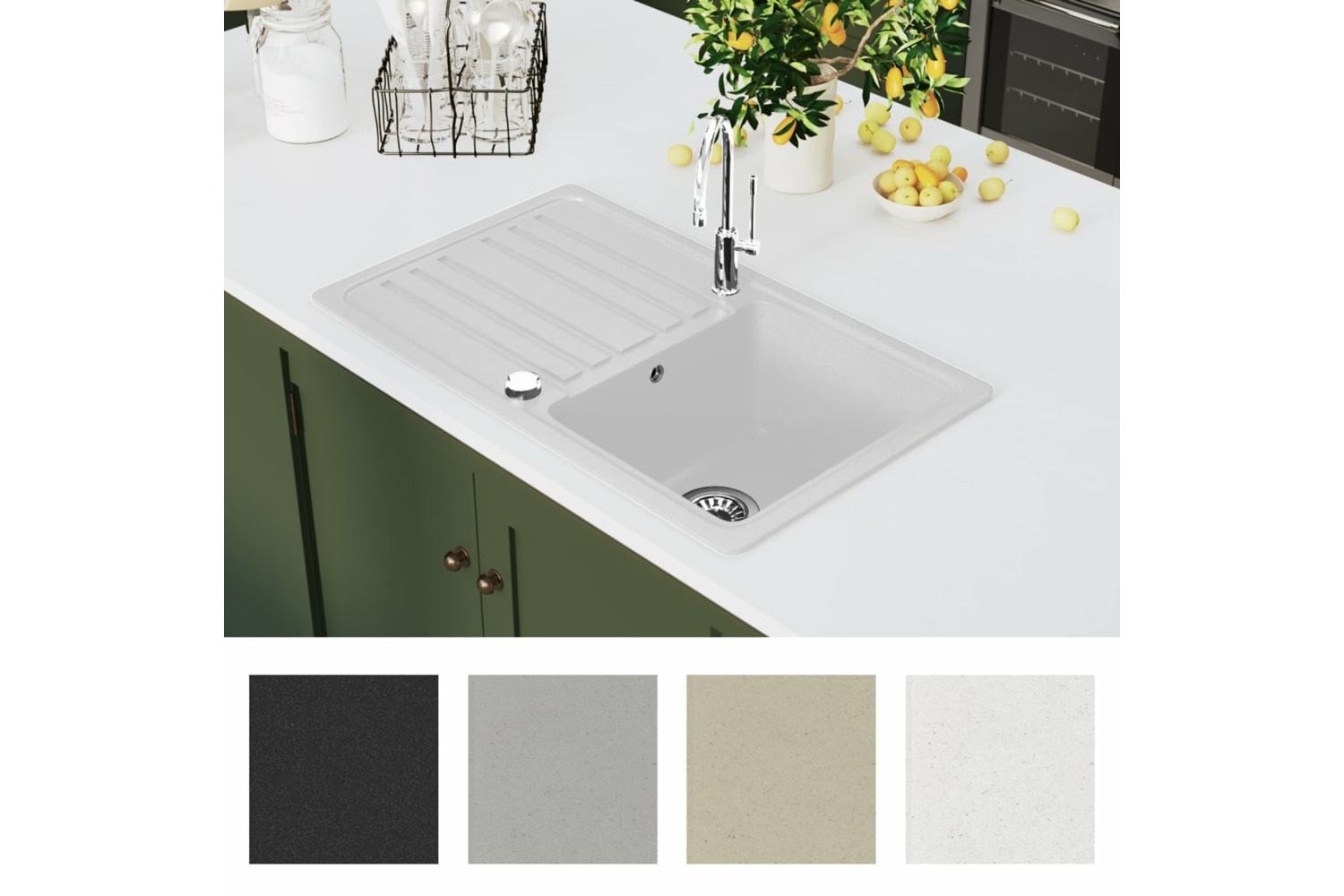 Vidaxl Granite Kitchen Sink Single Basin With Drainer Reversible Cream White