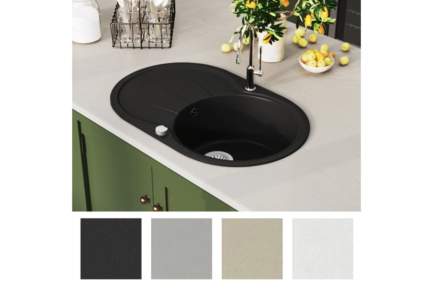 Vidaxl Granite Kitchen Sink Single Basin Oval Black