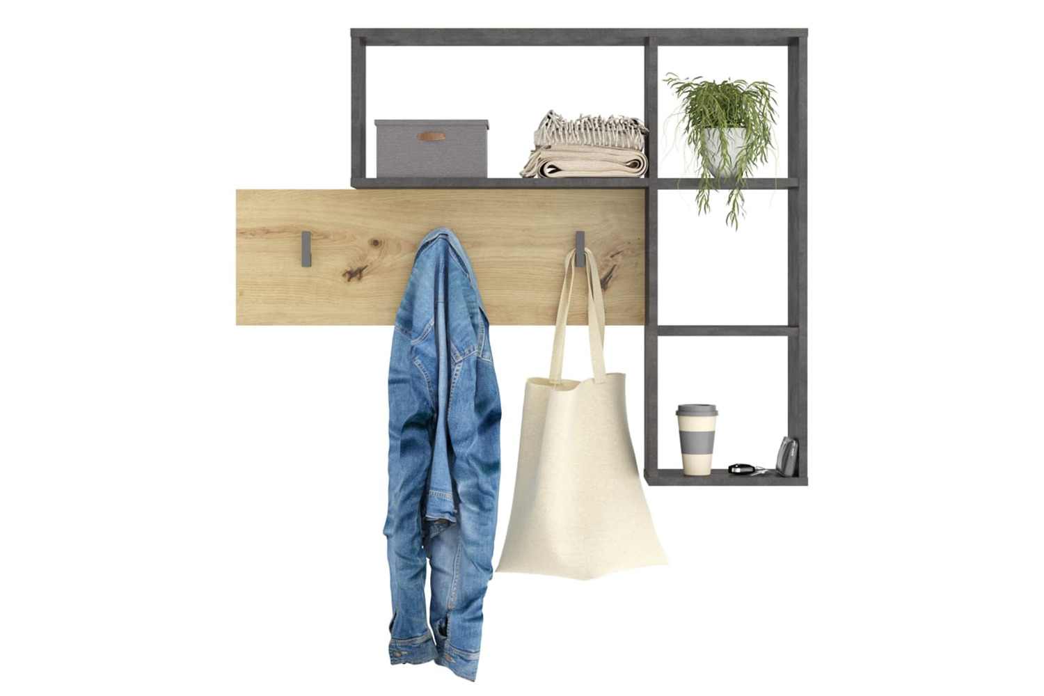 Fmd 433870 Wall-mounted Coat Rack 4 Open Compartments Anthracite And Oak