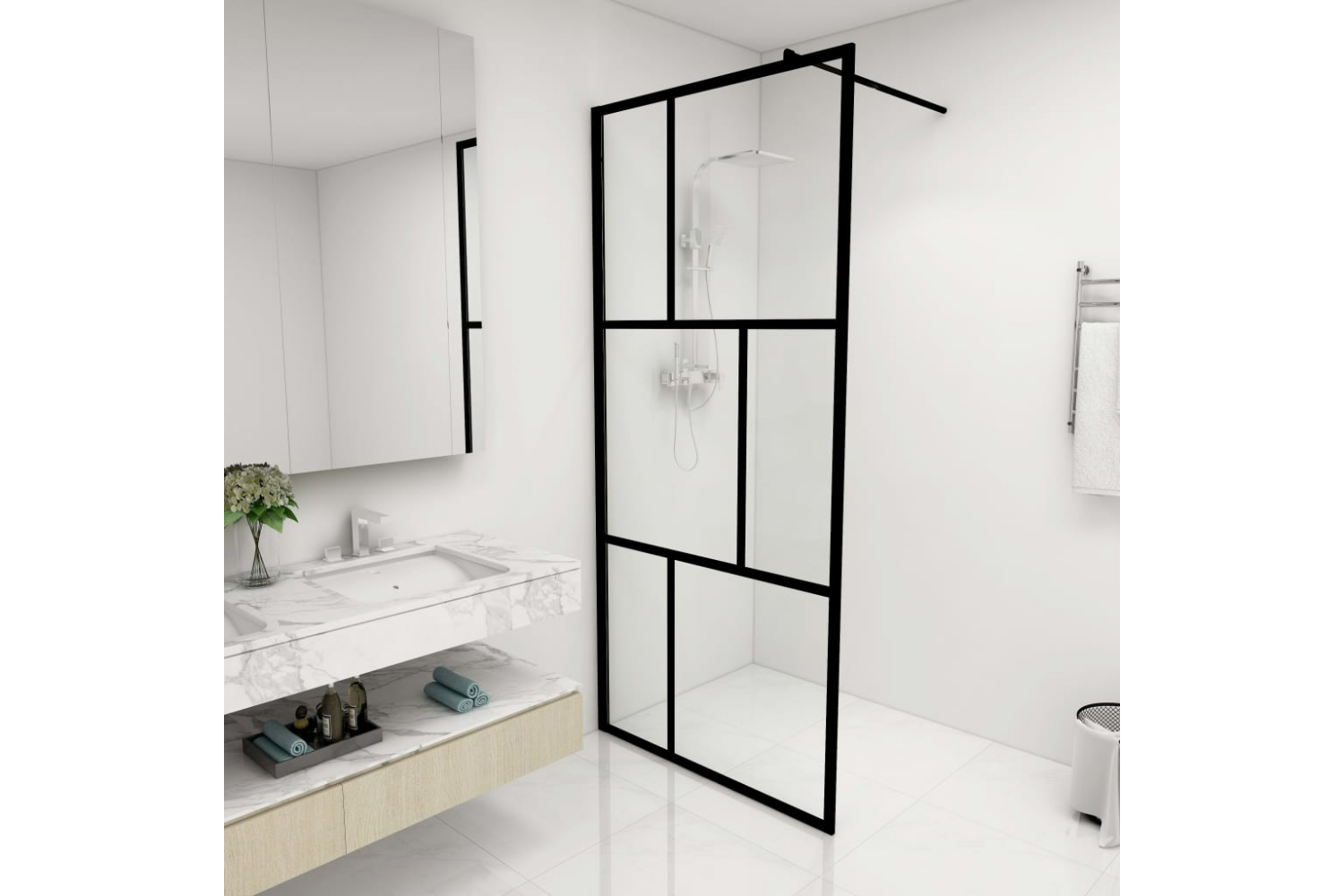 vidaXL 149153 Walk-in Shower Wall With Tempered Glass Black 90x195cm