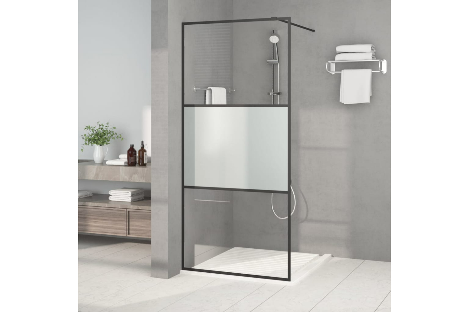 vidaXL 152106 Walk-in Shower Wall Black 90x195cm Half Frosted Esg Glass