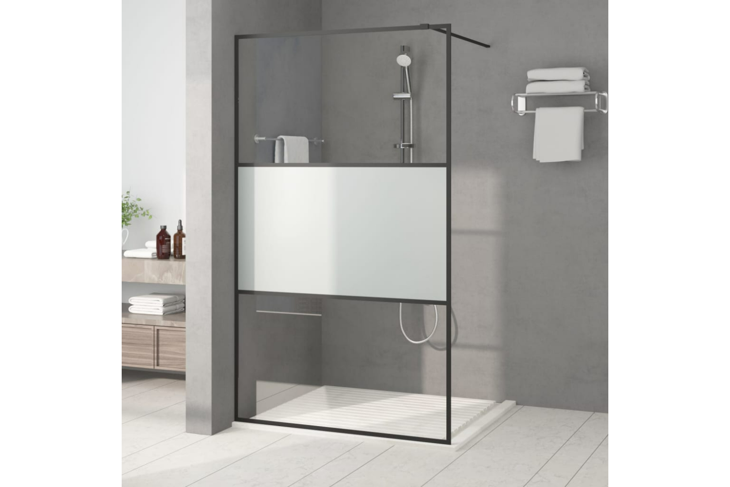 vidaXL 152108 Walk-in Shower Wall Black 115x195cm Half Frosted Esg Glass