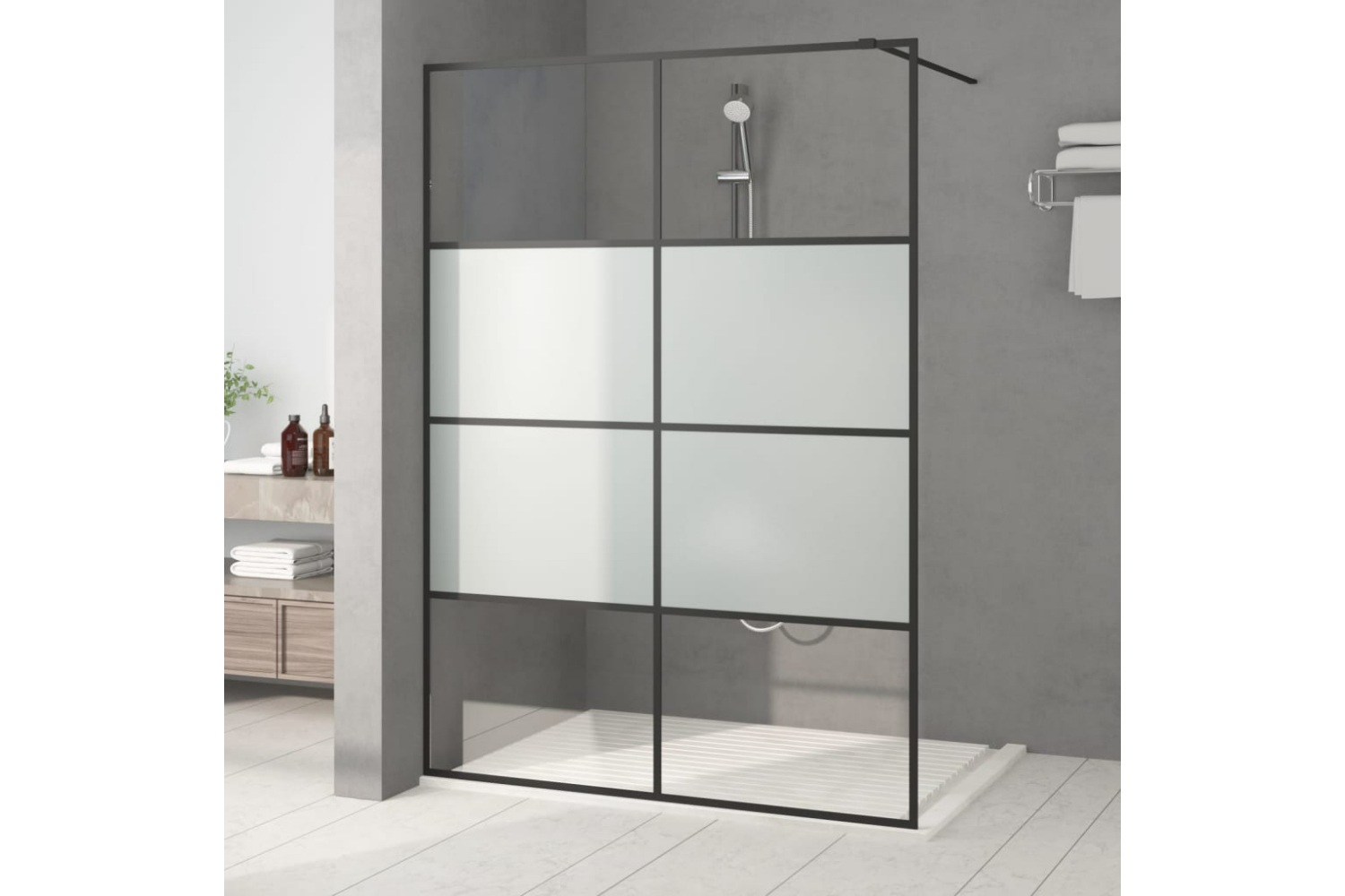 vidaXL 152129 Walk-in Shower Wall Black 140x195cm Half Frosted Esg Glass