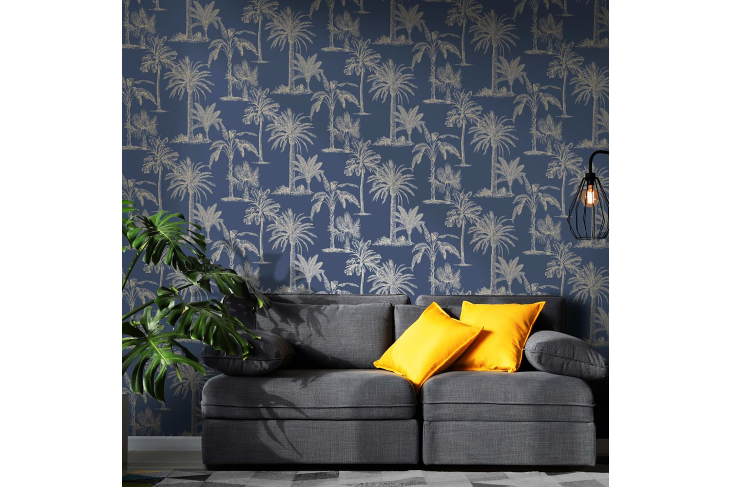 Dutch Wallcoverings 437420 Wallpaper Tropical Trees Navy Blue And Silver