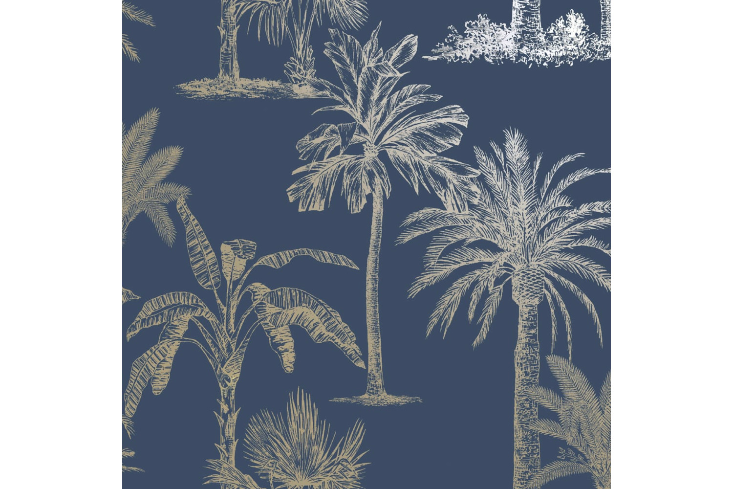 Dutch Wallcoverings 437420 Wallpaper Tropical Trees Navy Blue And Silver