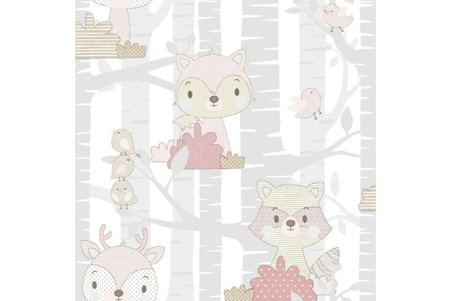 Noordwand 444878 Wallpaper Mondo Baby Forest Animals Grey And Pink