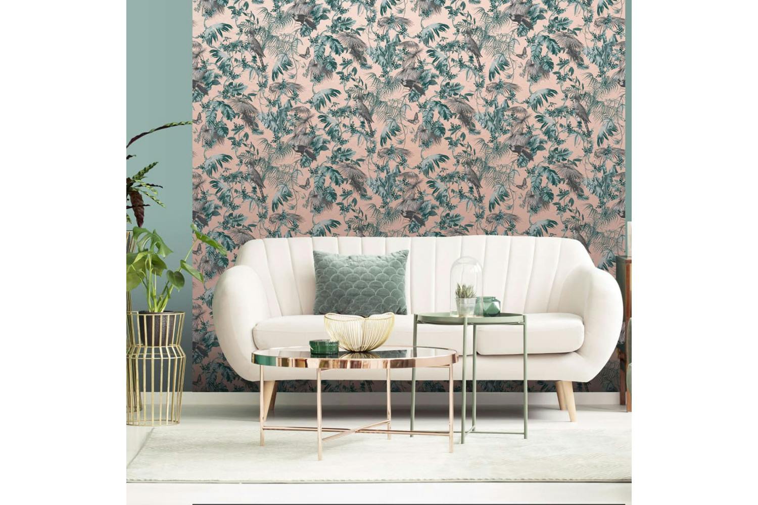 Dutch Wallcoverings 426241 Wallpaper Leaves And Birds Green And Pink