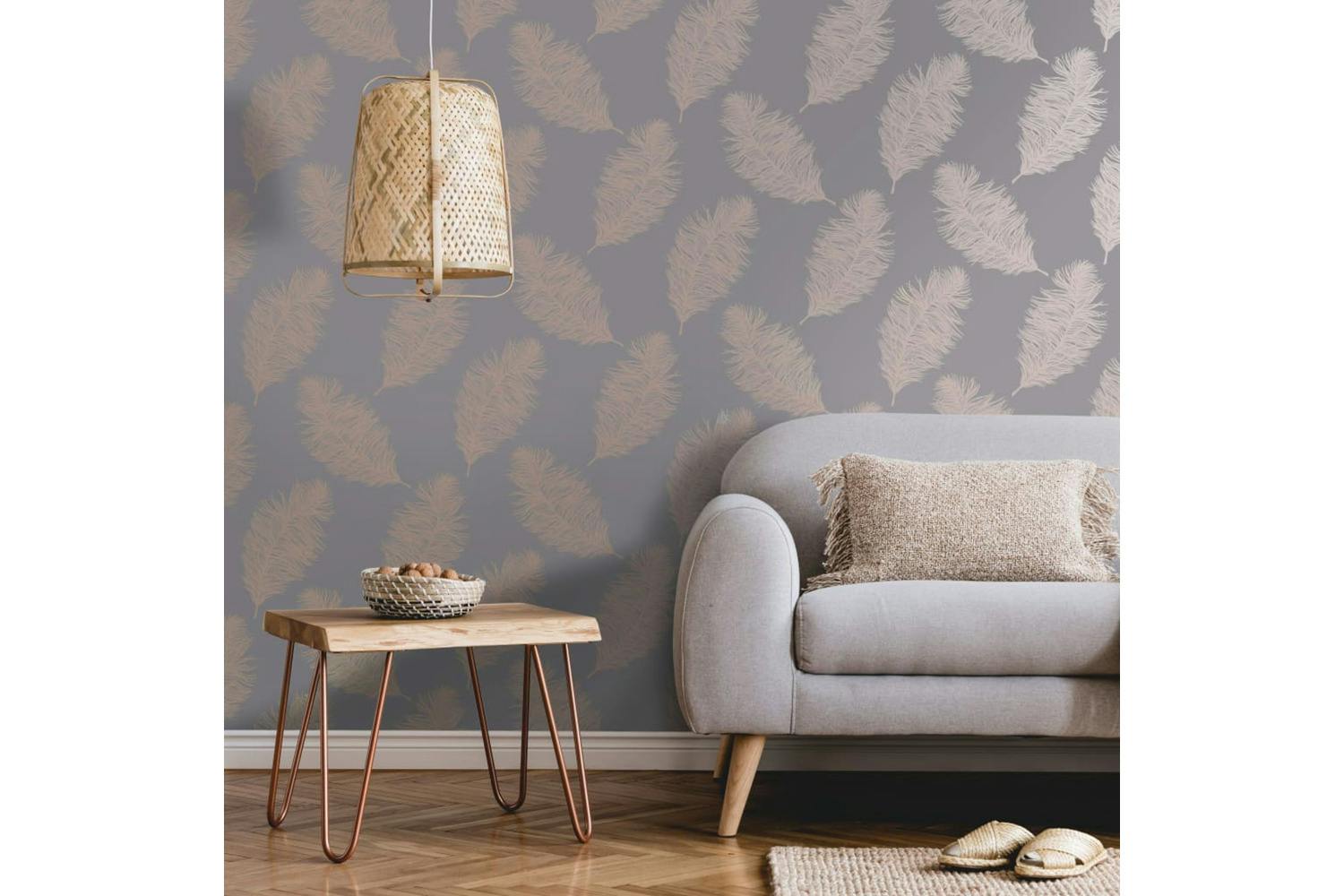 Dutch Wallcoverings 437412 Wallpaper Fawning Feather Grey And Rose Gold