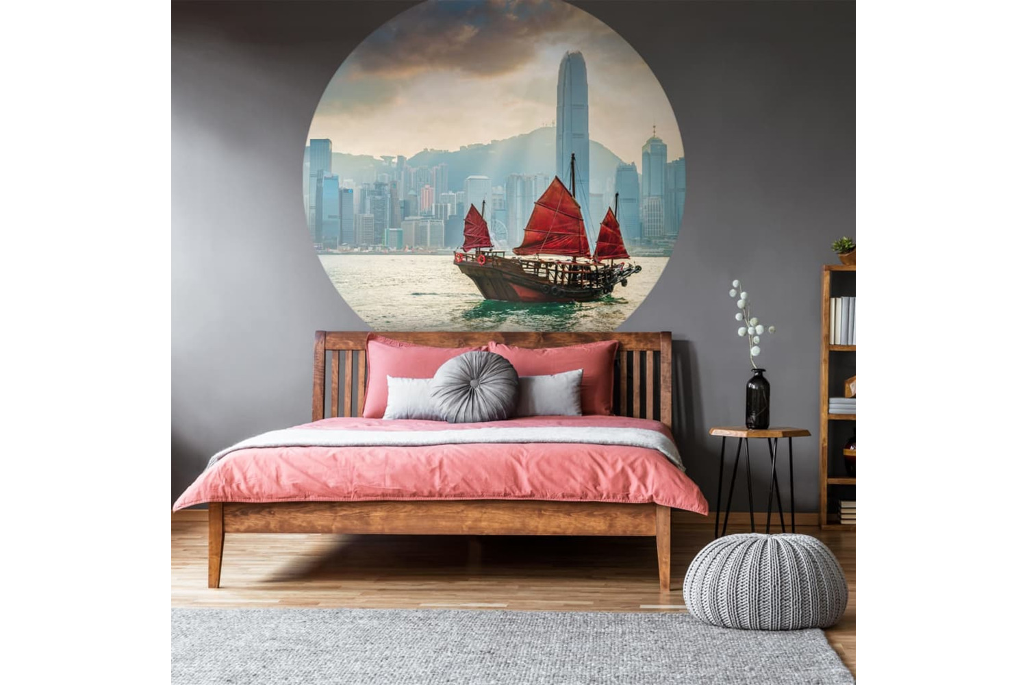 Wallart 440350 Wallpaper Circle Skyline With Junk Boat 142.5 Cm