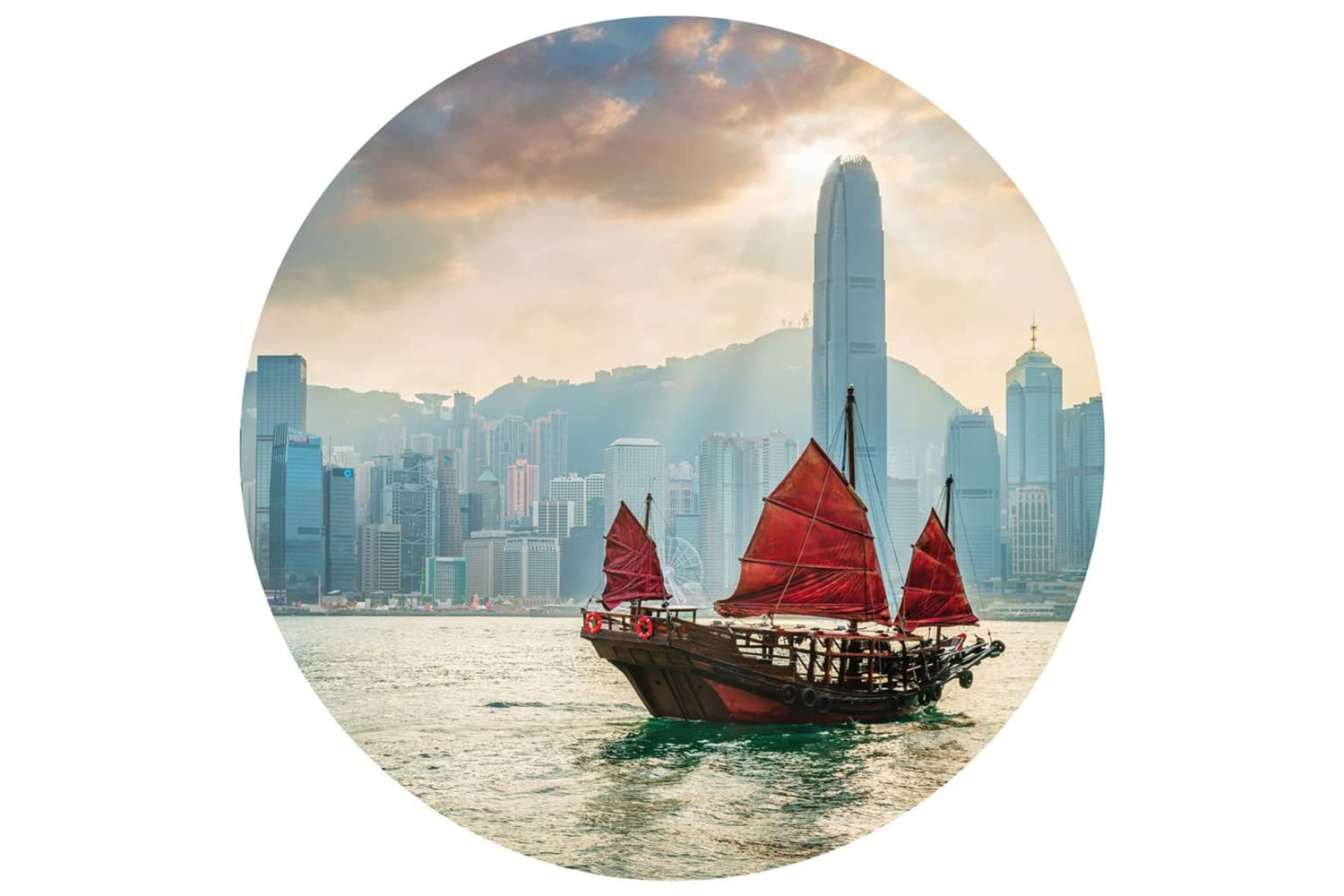 Wallart 440349 Wallpaper Circle Skyline With Junk Boat 190 Cm