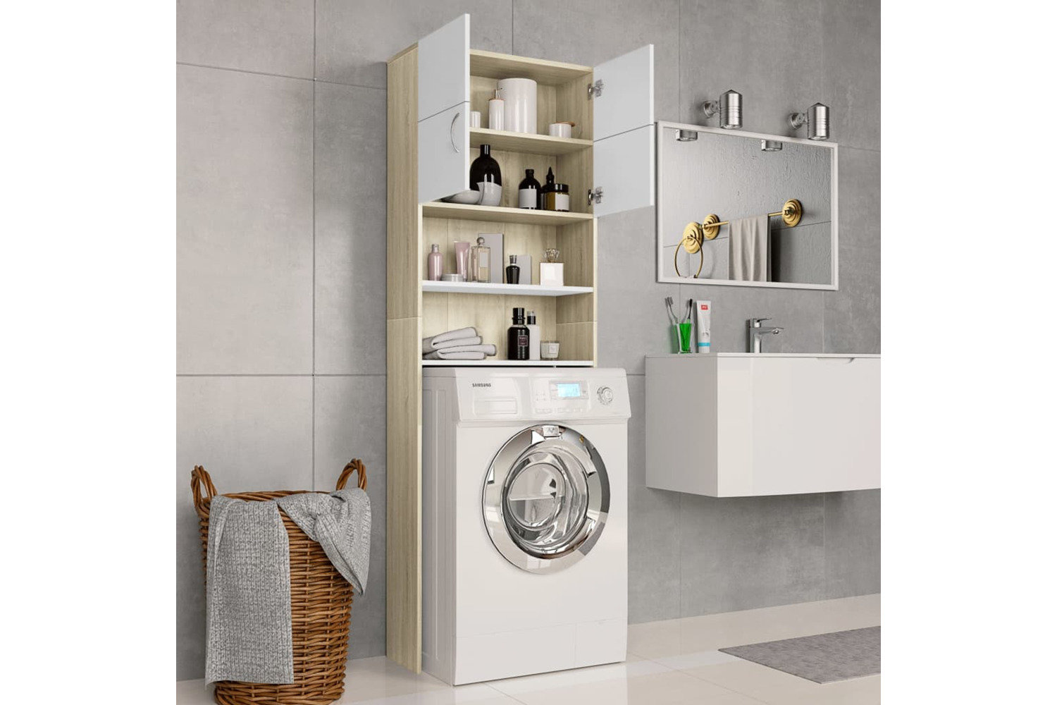 vidaXL 800032 Washing Machine Cabinet White And Sonoma Oak 64x25.5x190cm