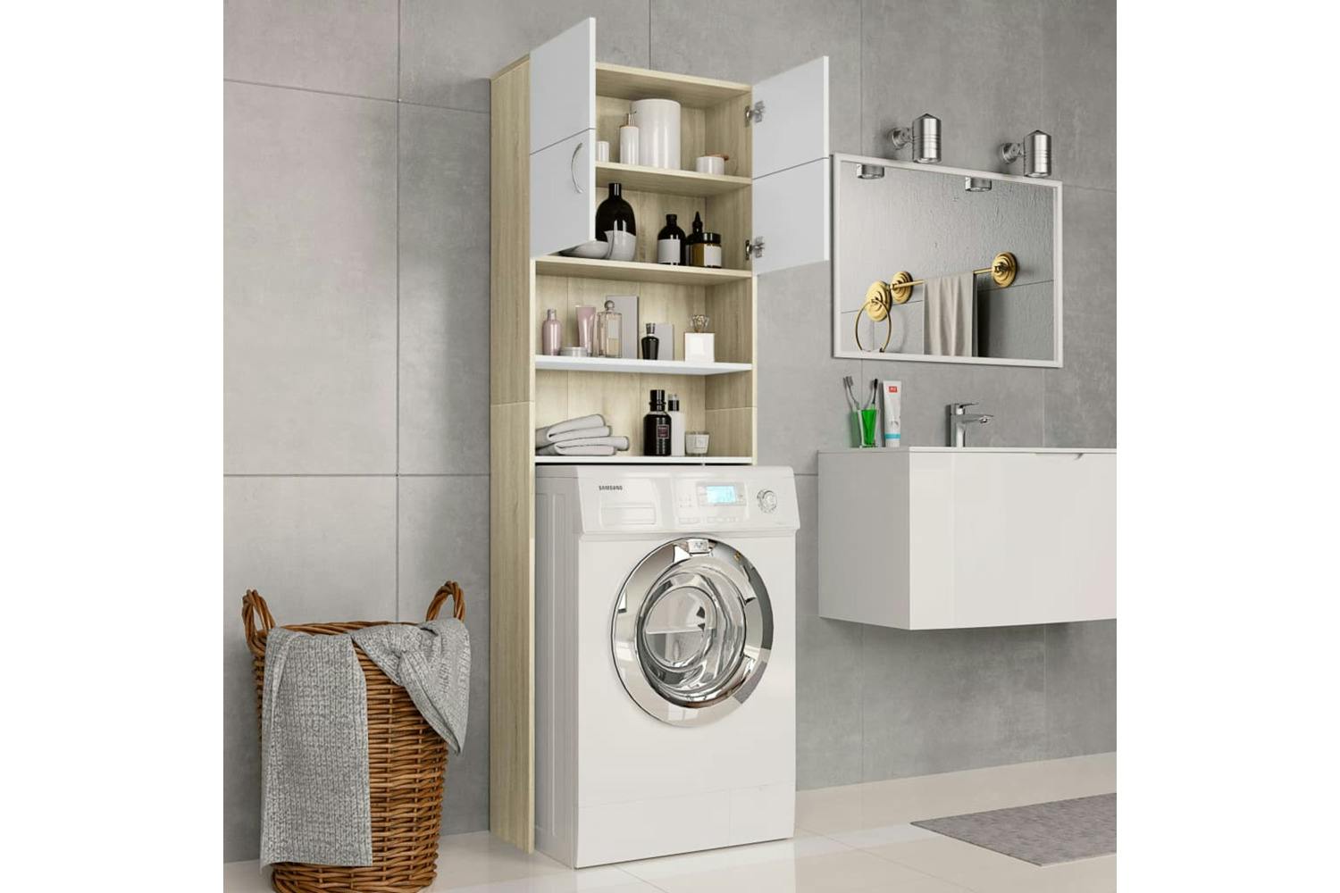 Vidaxl 800032 Washing Machine Cabinet White And Sonoma Oak 64x25.5x190 Cm