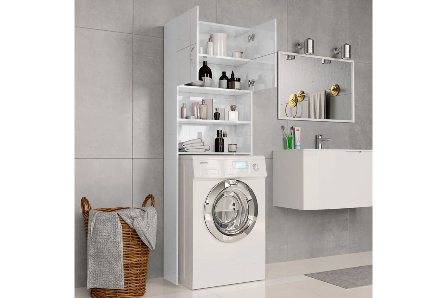 vidaXL 800033 Washing Machine Cabinet High Gloss White 64x25.5x190cm Engineered Wood