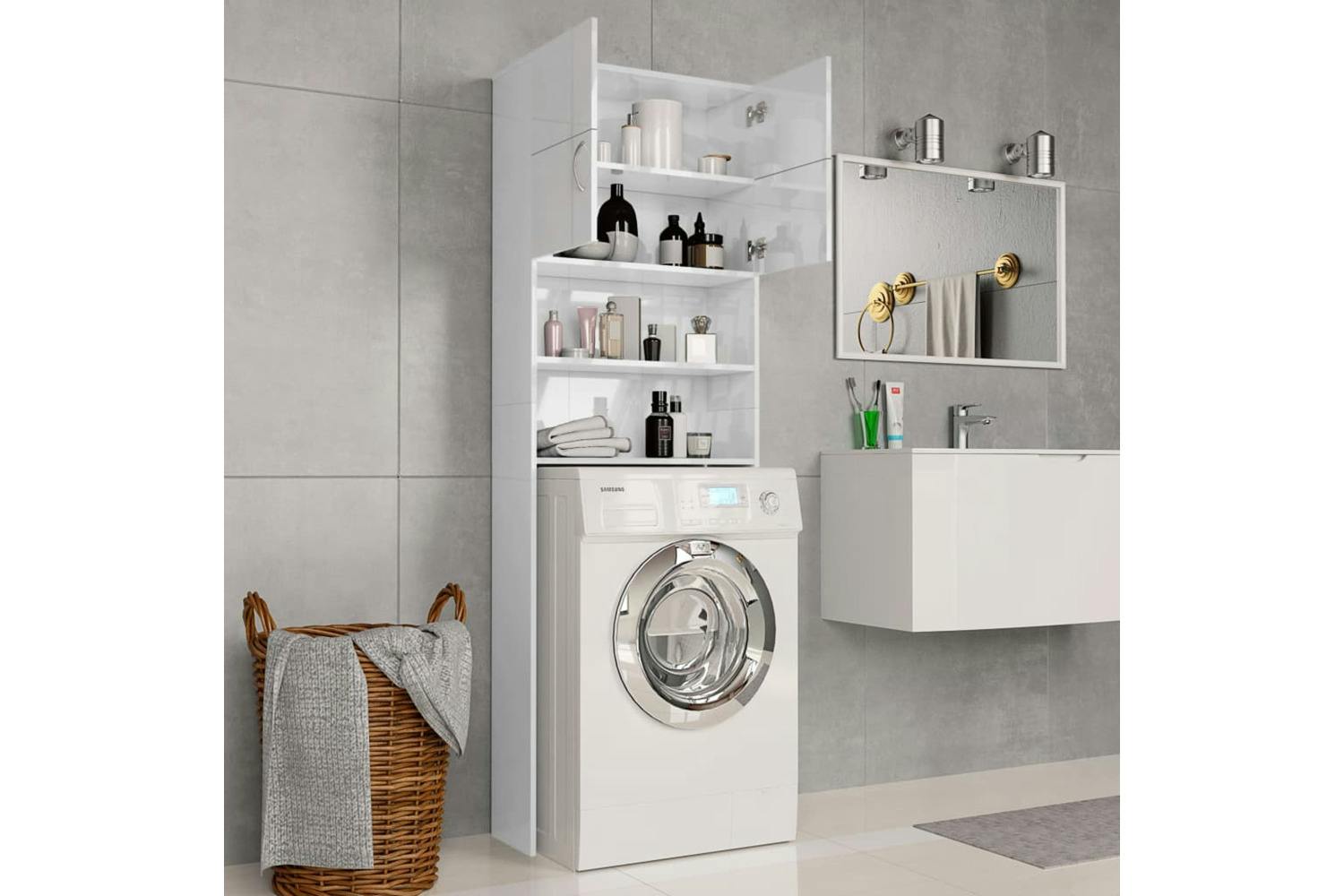 Vidaxl 800033 Washing Machine Cabinet High Gloss White 64x25.5x190 Cm Engineered Wood