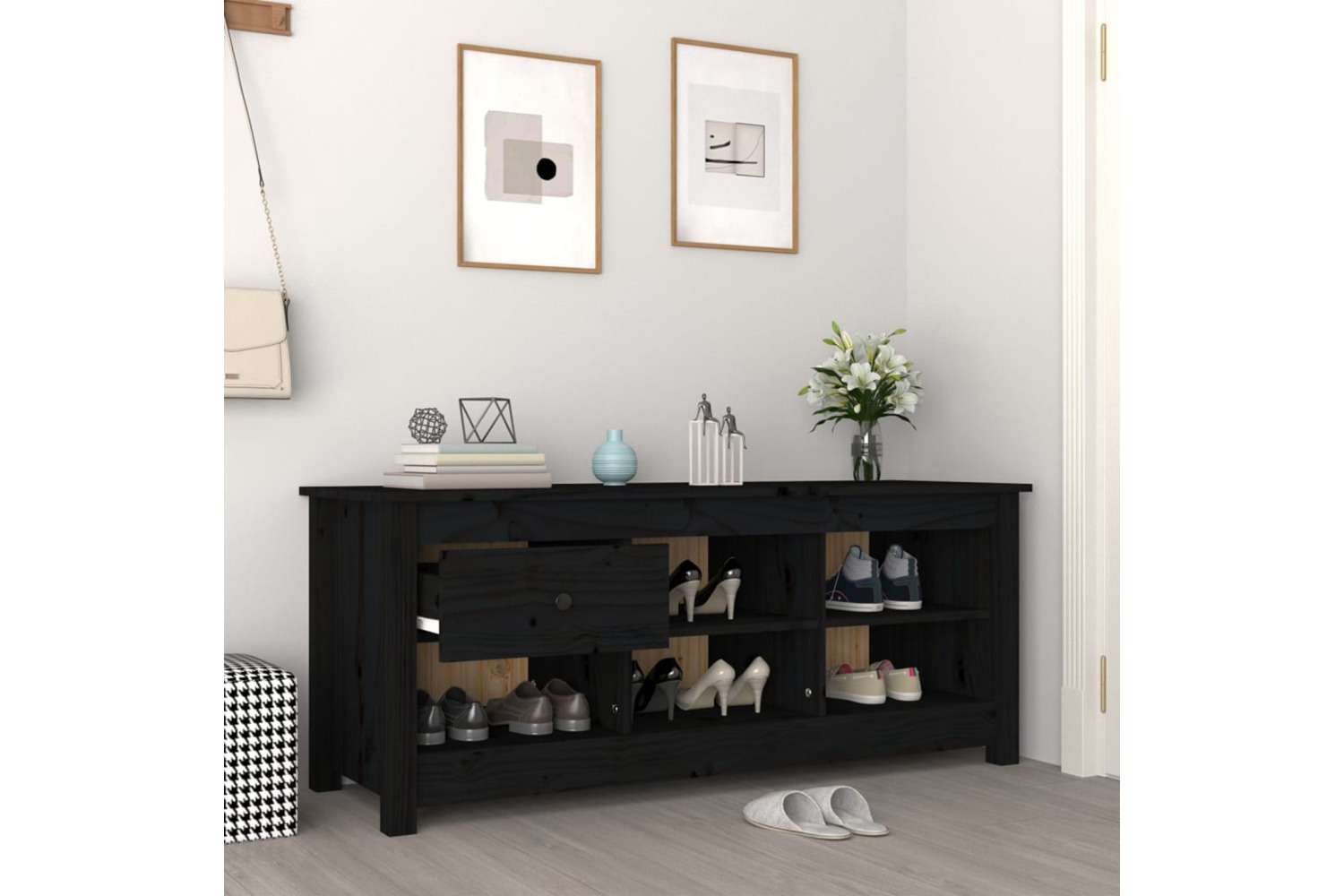 vidaXL 814598 Shoe Cabinet Black 110x38x45.5cm Solid Wood Pine