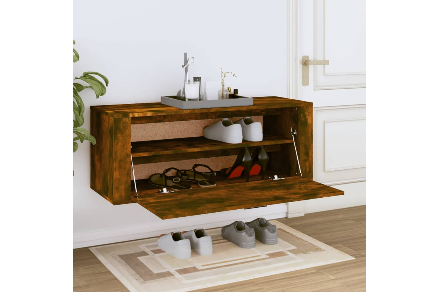 vidaXL 821025 Wall Shoe Cabinet Smoked Oak 100x35x38cm Engineered Wood