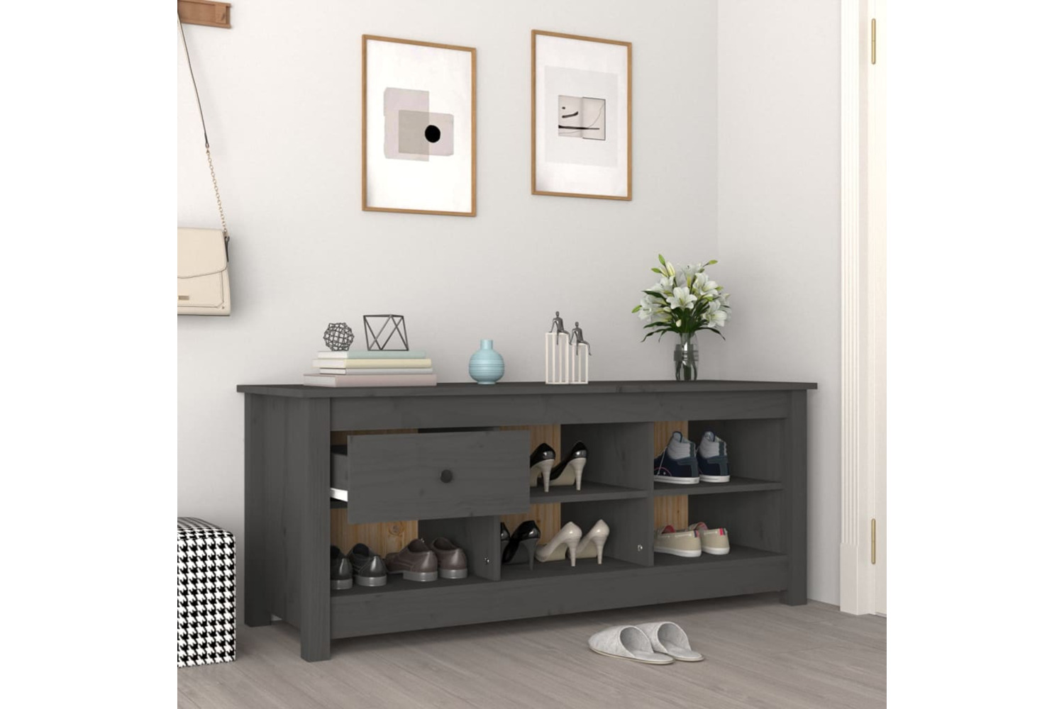 vidaXL 814596 Shoe Cabinet Grey 110x38x45.5cm Solid Wood Pine