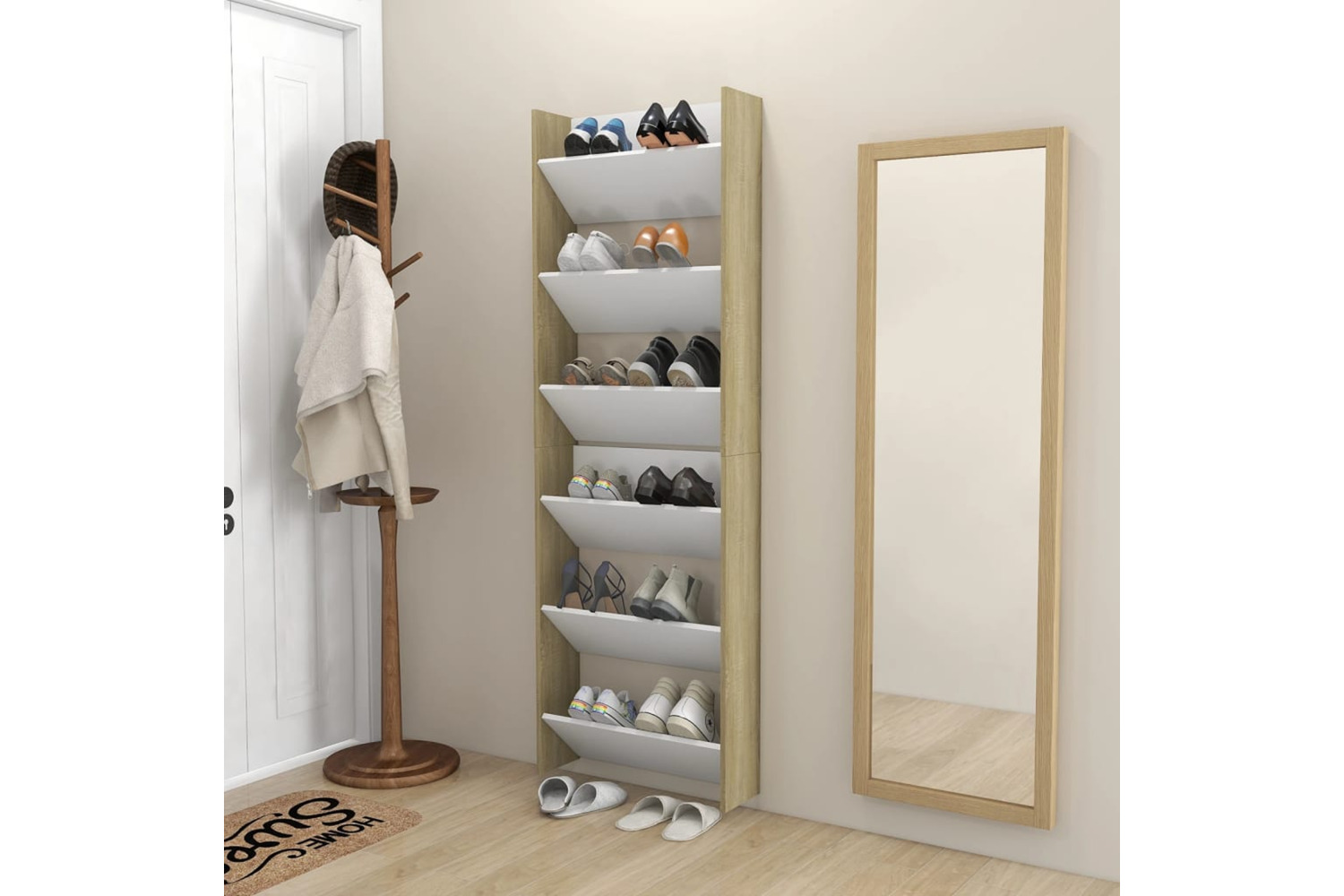 vidaXL 806770 Wall Shoe Cabinets 2 Pcs White&sonoma Oak 60x18x90cm Engineered Wood