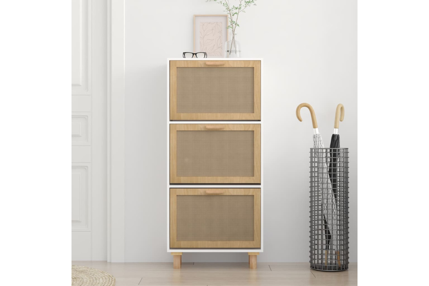 vidaXL 345648 Shoe Cabinet White 52x25x115cm Engineered Wood&natural Rattan