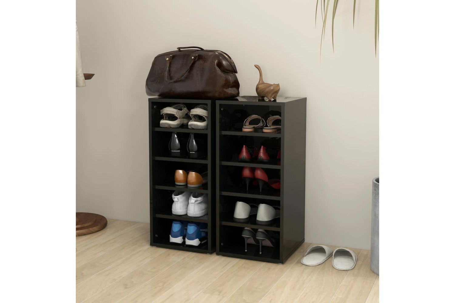vidaXL 808996 Shoe Cabinets 2 Pcs High Gloss Black 31.5x35x70cm Engineered Wood