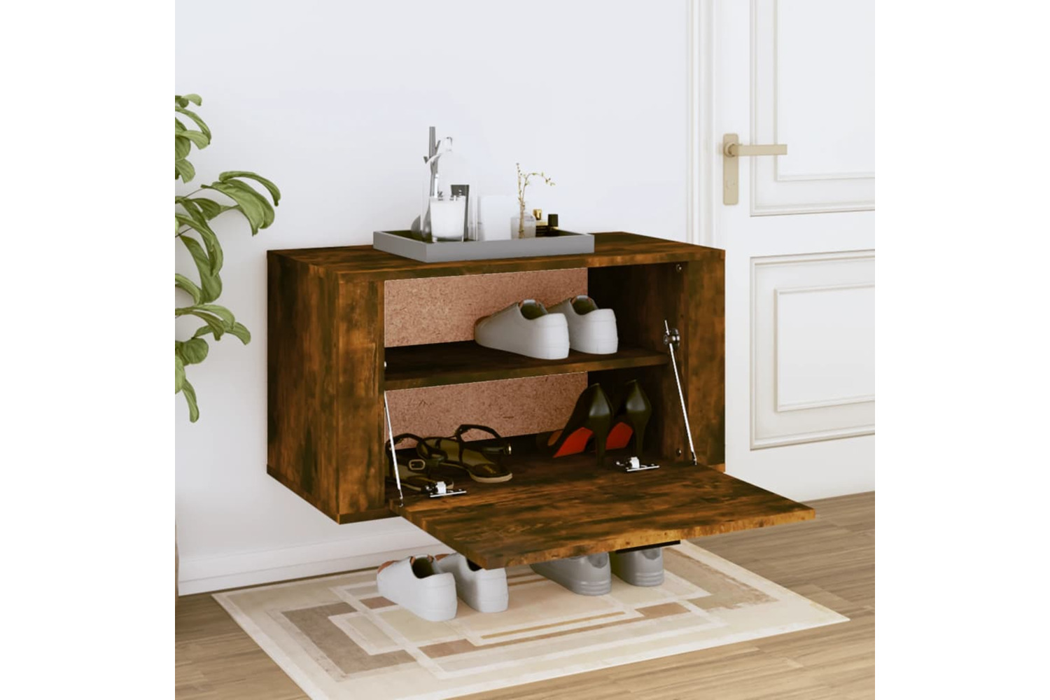 vidaXL 821017 Wall-mounted Shoe Cabinet Smoked Oak 70x35x38cm Solid Wood Pine