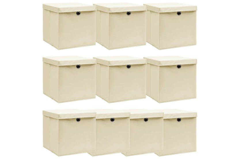 Vidaxl 288360 Storage Boxes With Lid 10 Pcs Cream 32x32x32 Cm Fabric