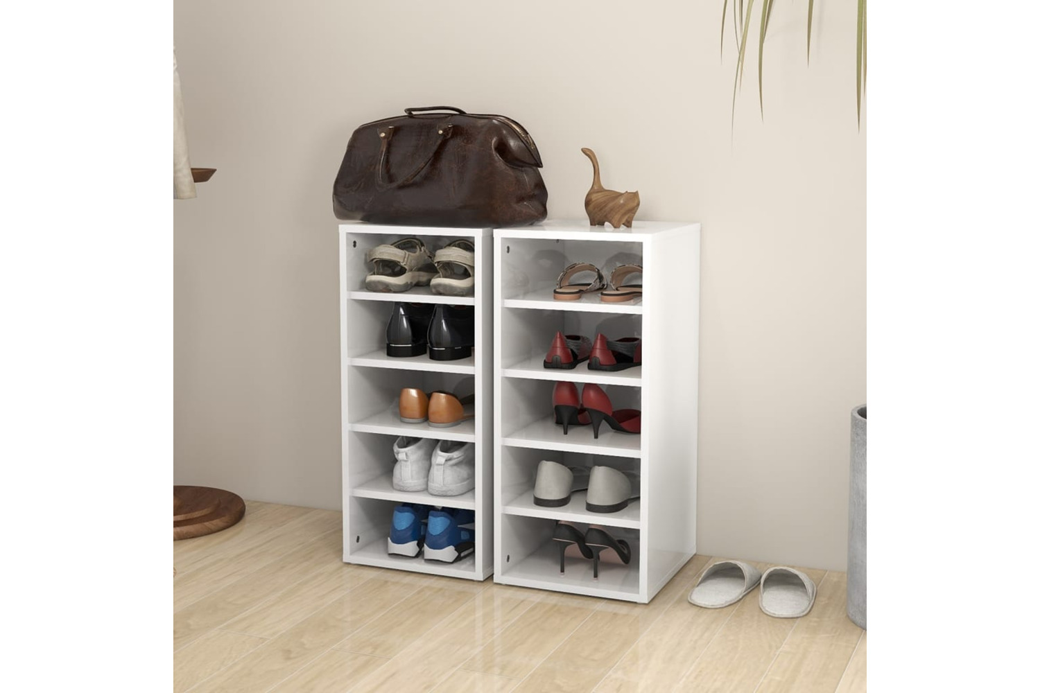 vidaXL 808994 Shoe Cabinets 2 Pcs High Gloss White 31.5x35x70cm Engineered Wood