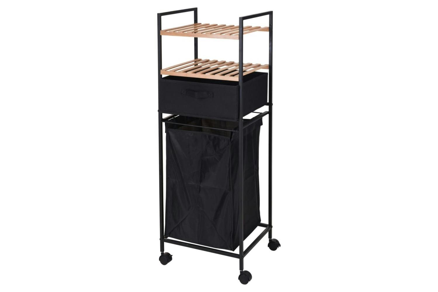 Bathroom Solutions 442464 Storage Rack With 2 Shelves And Laundry Basket Bamboo 109 Cm