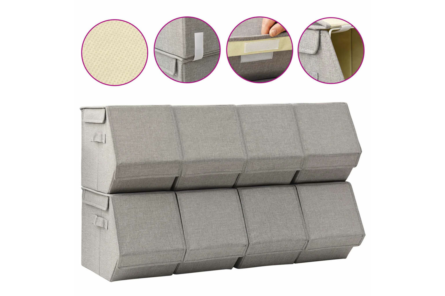vidaXL 332894 Stackable Storage Boxes With Lid Set Of 8 Pcs Fabric Grey