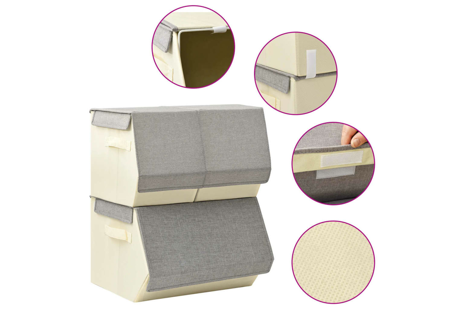 vidaXL 332892 Stackable Storage Box Set Of 3 Pieces Fabric Grey & Cream