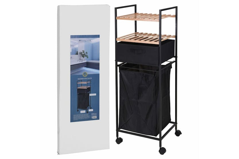 Bathroom Solutions 442464 Storage Rack With 2 Shelves And Laundry Basket Bamboo 109 Cm