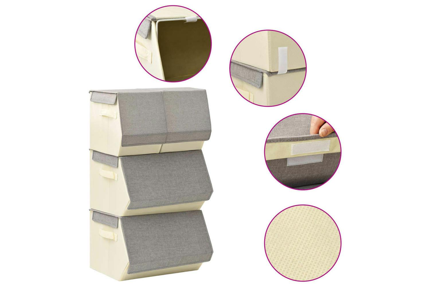 Vidaxl 332901 Stackable Storage Box Set Of 4 Pieces Fabric Grey & Cream