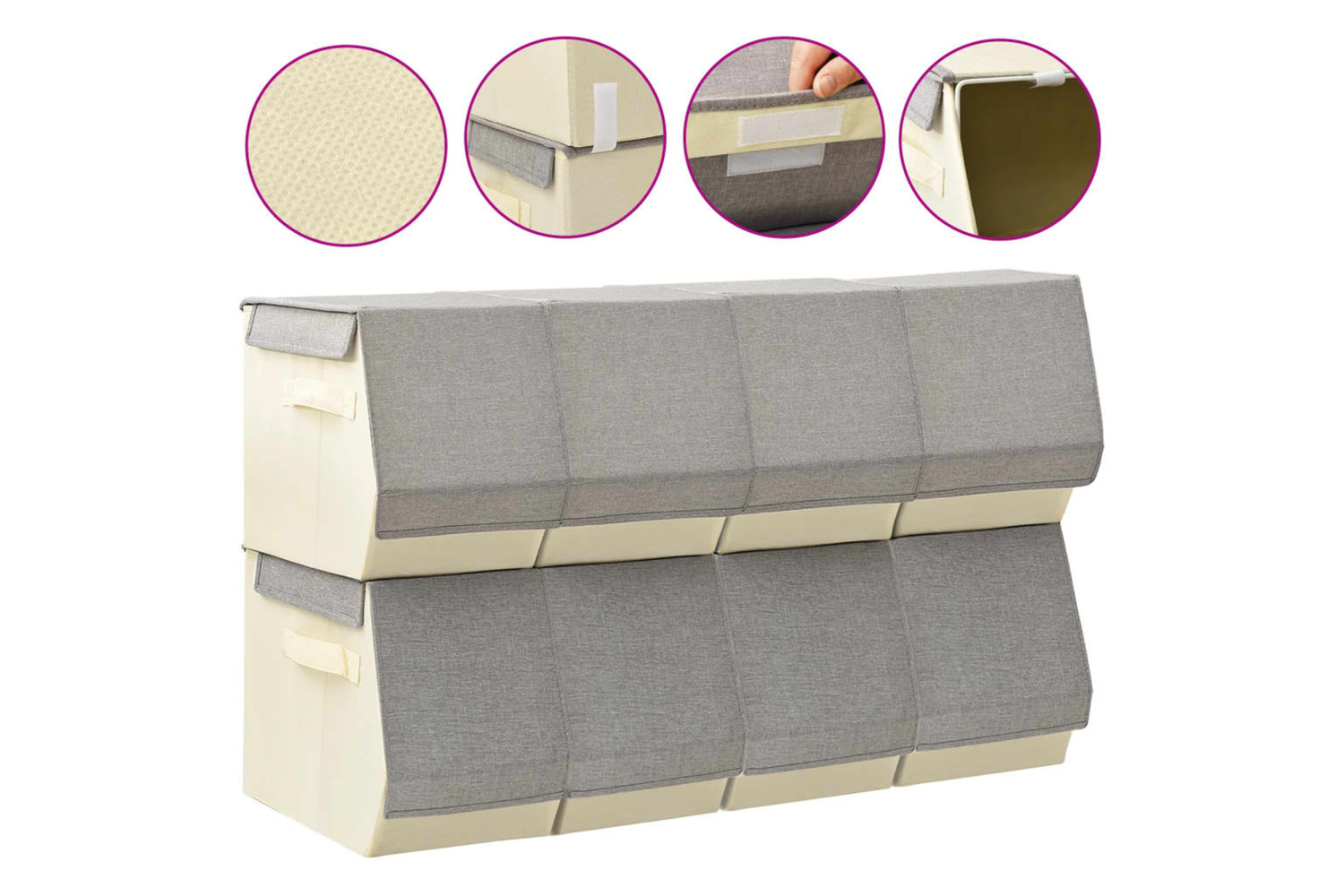vidaXL 332895 Stackable Storage Boxes With Lid Set Of 8 Pcs Fabric Grey&cream