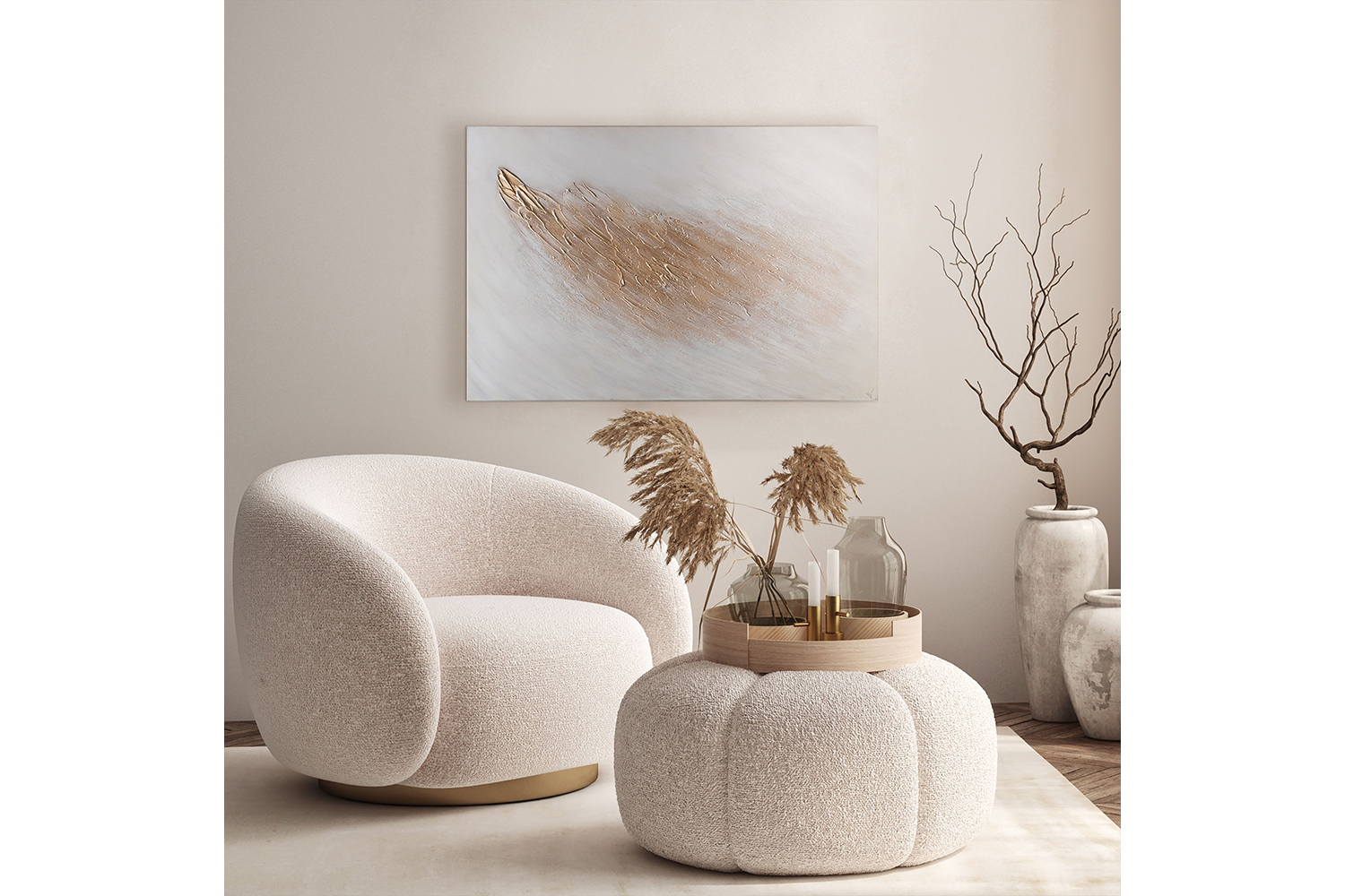 Jess Kelly | Oige Unframed Canvas Painting | White/Gold | 102 x 152 cm