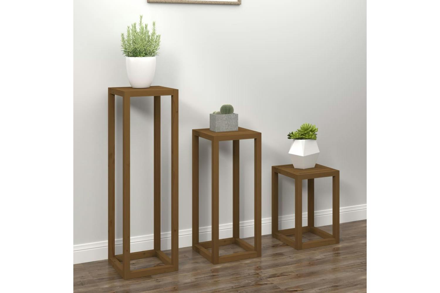 Vidaxl 822270 3 Piece Plant Stand Set Honey Brown Solid Wood Pine