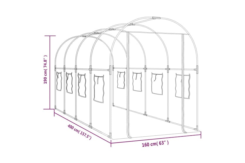 Vidaxl 317247 Greenhouse Transparent 160x400x190 Cm Pvc&powder-coated Steel