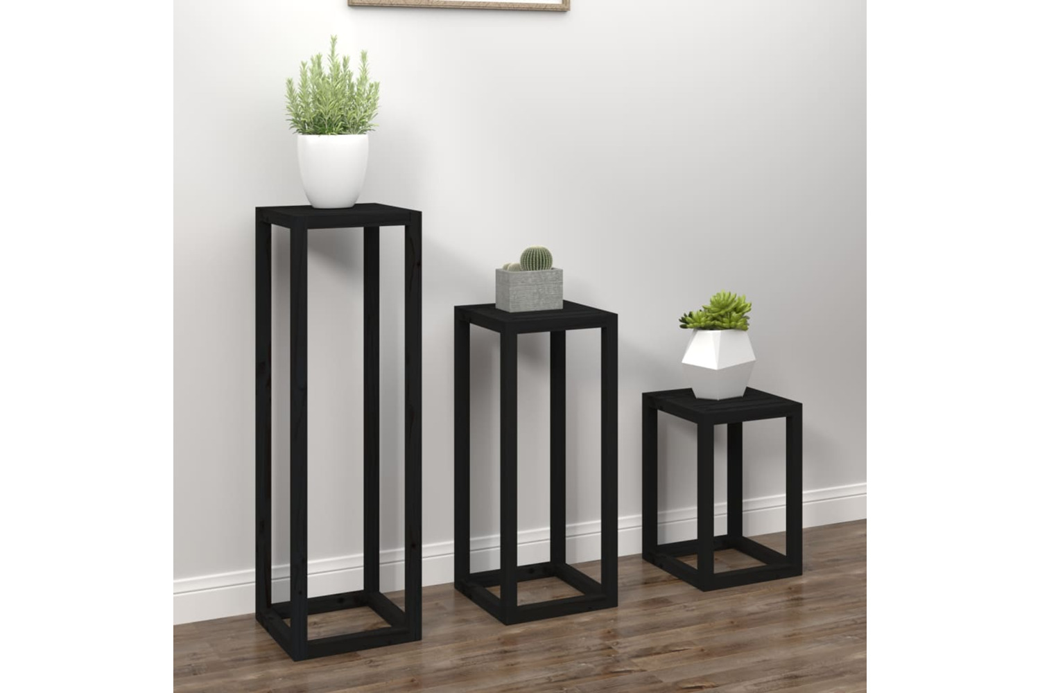 vidaXL 822271 3 Piece Plant Stand Set Black Solid Wood Pine