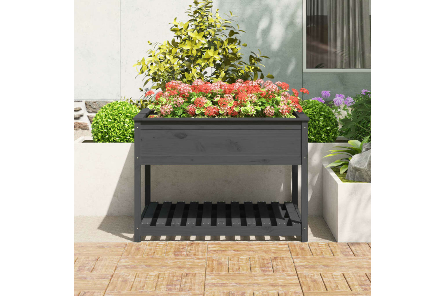 vidaXL 823803 Planter With Shelf Grey 111.5x111.5x81cm Solid Wood Pine