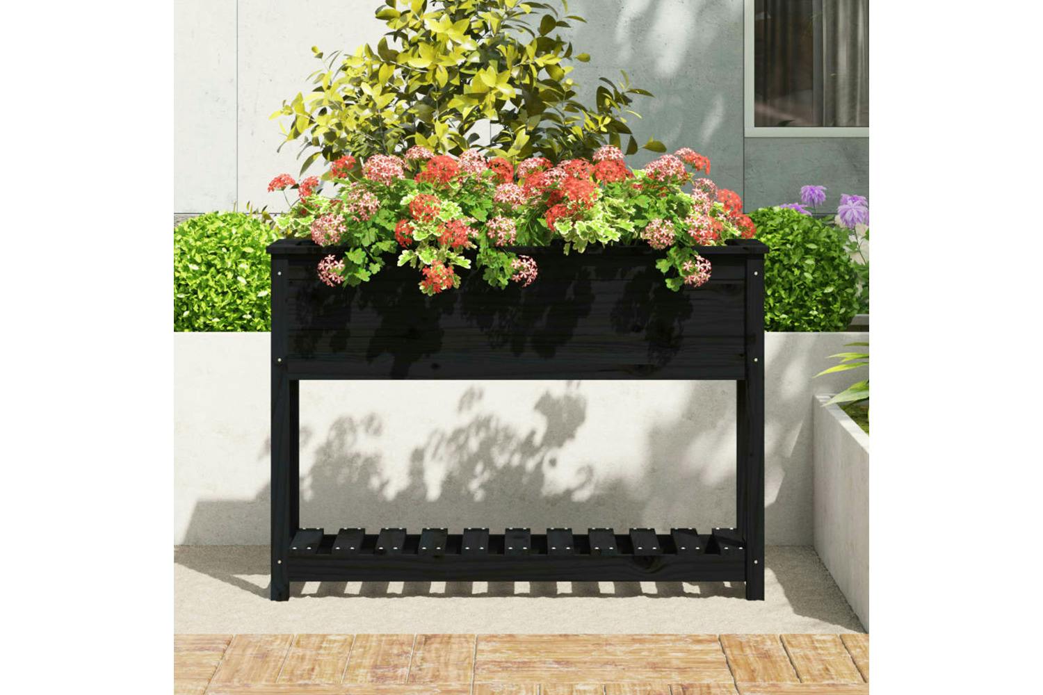 Vidaxl 823770 Planter With Shelf Black 111.5x34.5x81 Cm Solid Wood Pine