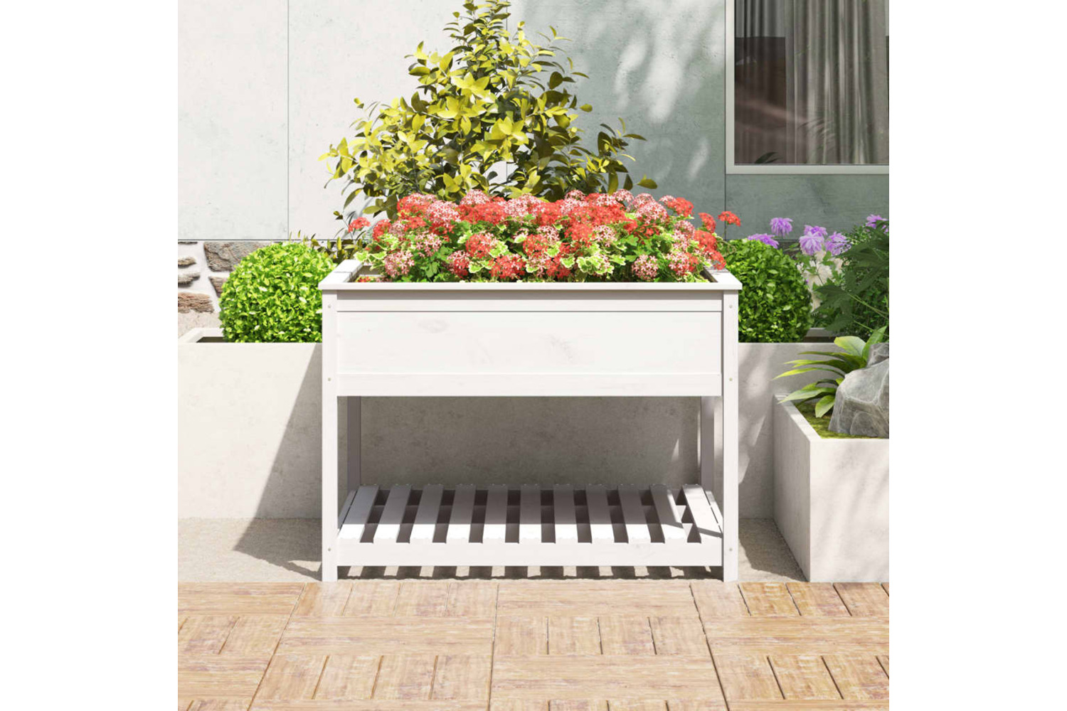 vidaXL 823802 Planter With Shelf White 111.5x111.5x81cm Solid Wood Pine