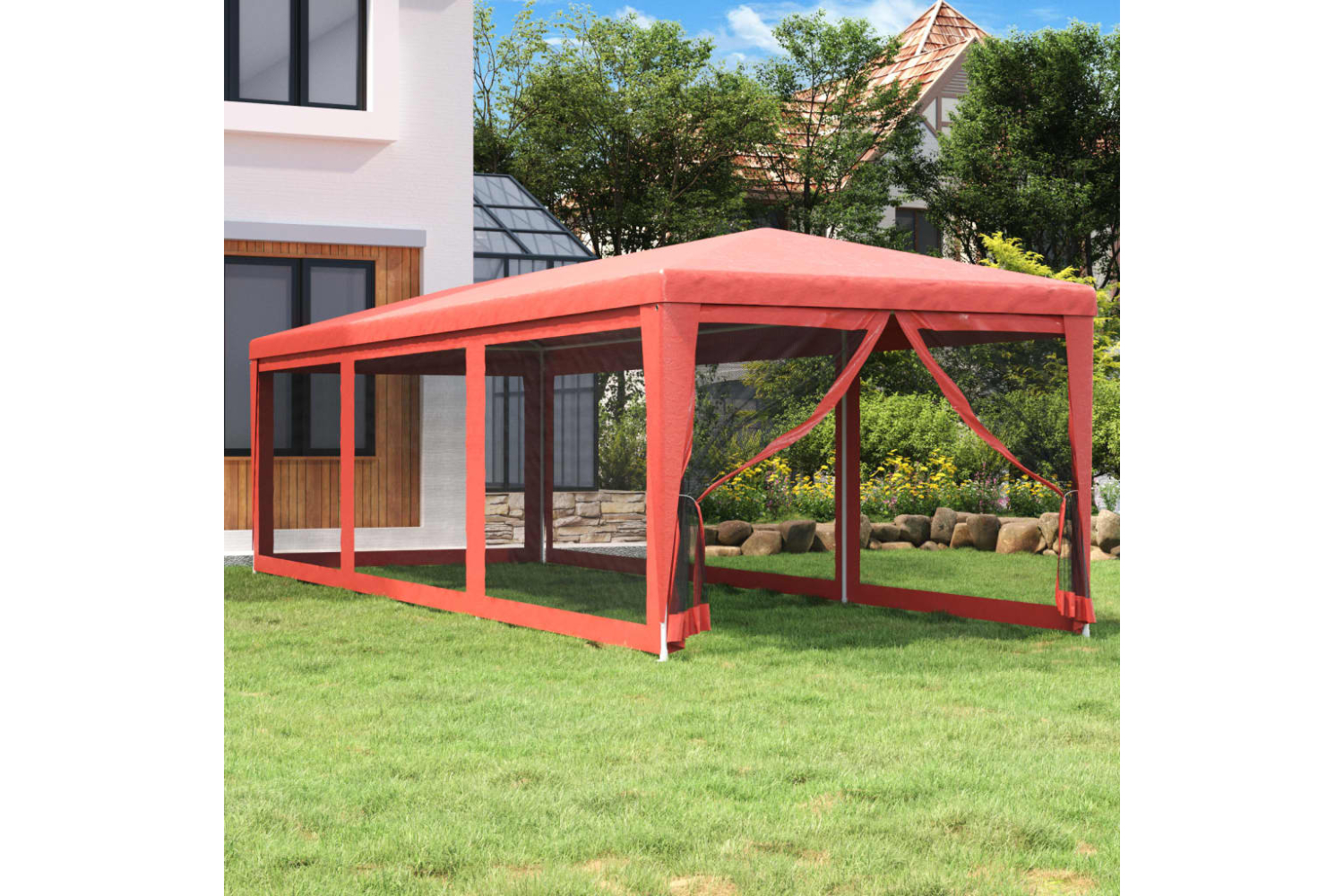 vidaXL 319245 Party Tent With 8 Mesh Sidewalls Red 3x9 M Hdpe